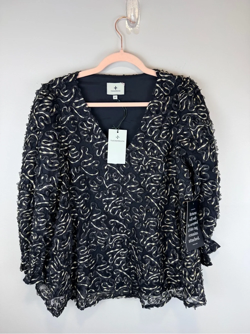 Tuckernuck Black Gold Textured Peplum Blouse Puff Sleeve Top NWT Medium